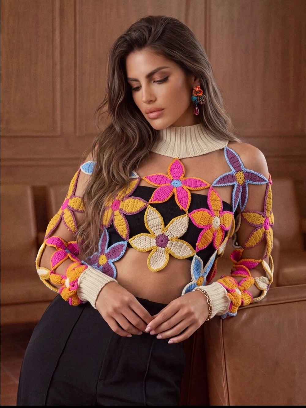 Floral Crochet Cold-Shoulder Crop Top in Multicolor